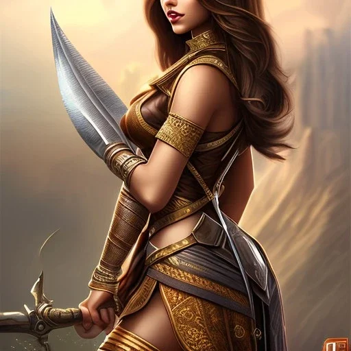 Woman, heroic fantasy, dark skin, indian, wavy brown hair