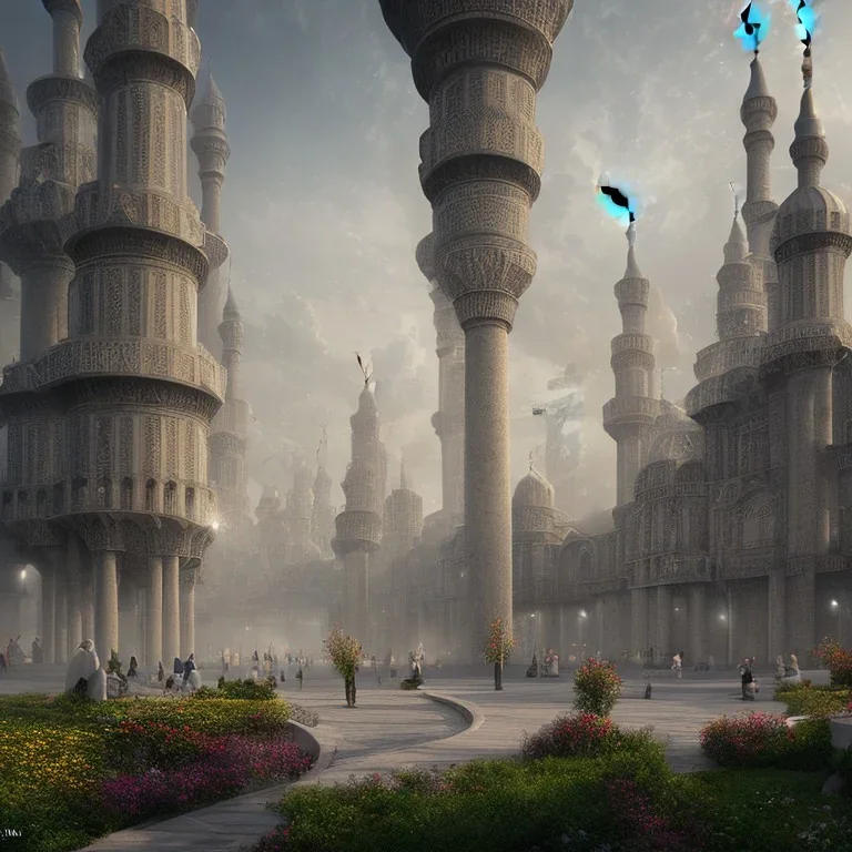 landscape, a mosque, future city, realistic, outside view, and cinematic.