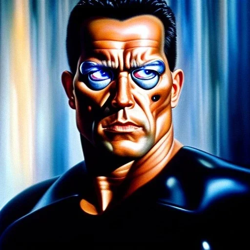 Ultra detailed fullbody Portrait in oil on canvas of Terminator t-800 ,extremely detailed digital painting, extremely detailed face,crystal clear Big Glowing eyes, mystical colors ,perfectly centered image, perfect composition, rim light, beautiful lighting, 8k, stunning scene, raytracing, anatomically correct, in the style of robert e howard and Ken Kelley and Ohrai Noriyoshi and Simon Bisley and tomzj1