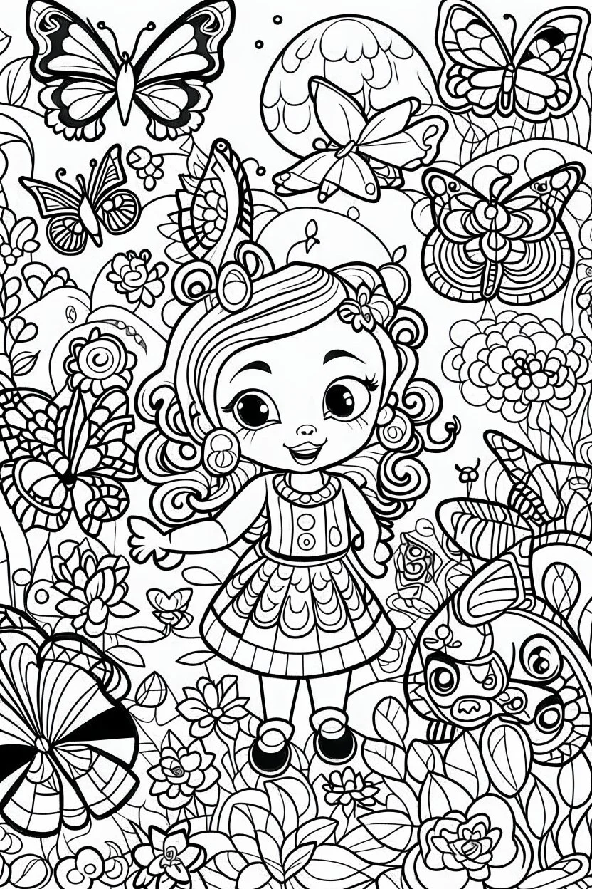 coloring pages for kids, Texto " Lisbeth Del Valle " en alta definición, caracterizado al estilo de Cute hello kitty, halloween y flores, ilustración, mariposas,renderizado 3d, vibrante, 3d render, typography, fantasy art , cartoon style, thick lines, low detail, black and white, no shading, --ar 85:110
