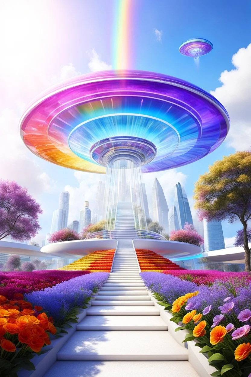 Ufo rainbow, futuriste ultra moderne,stairway to heaven,crystal very beautiful city,flowers garden,angels