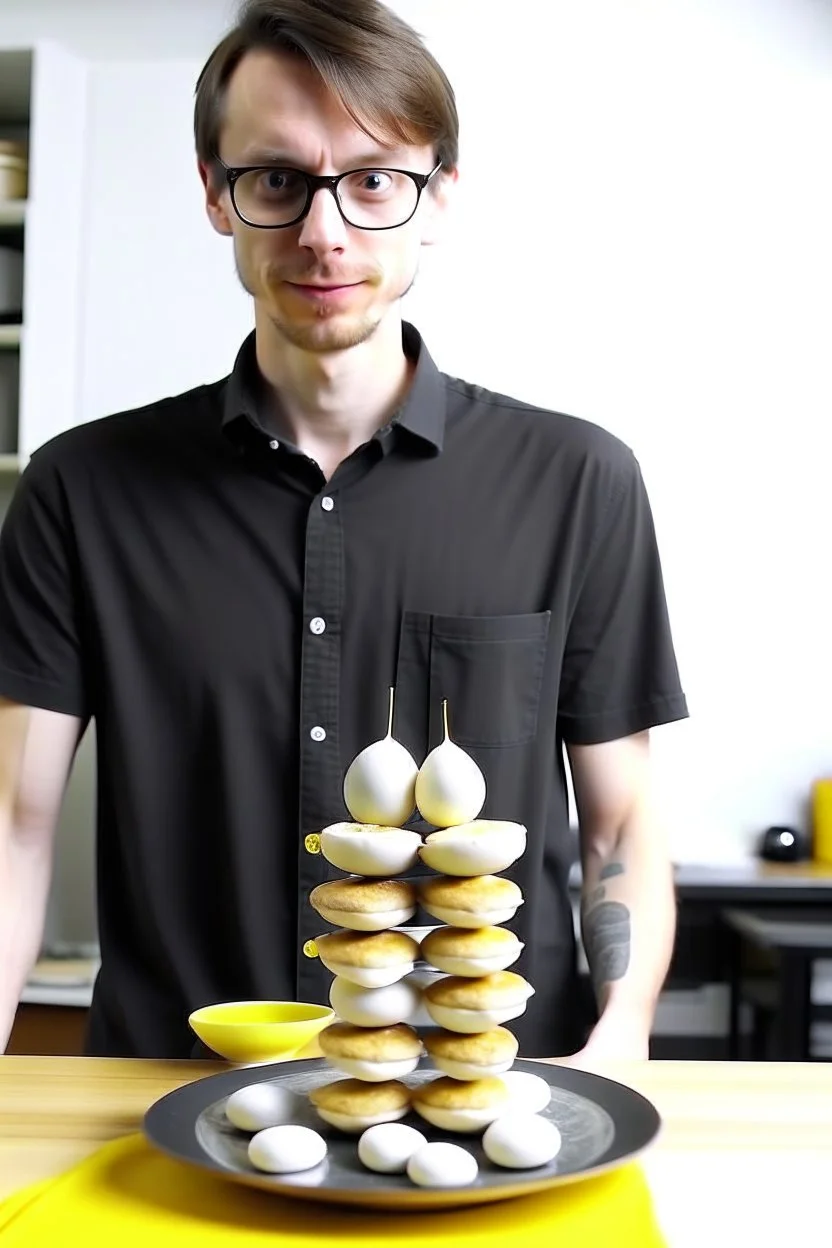 Tall and skinny game designer eats saggy eggs