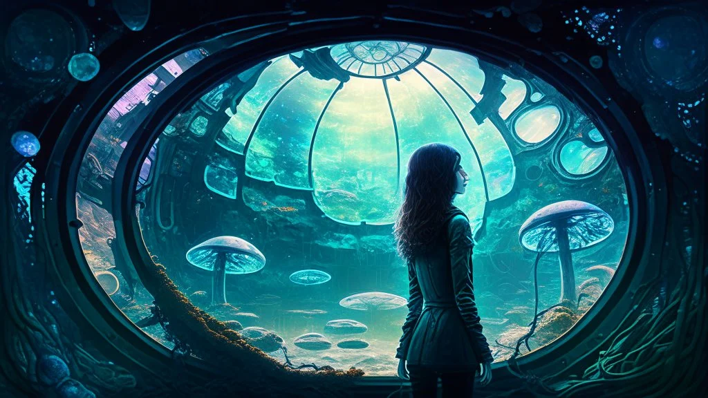 woman standing inside the interior of a ruined alien spaceship, with a circular window, overrun with mushrooms with jellyfish tentacles