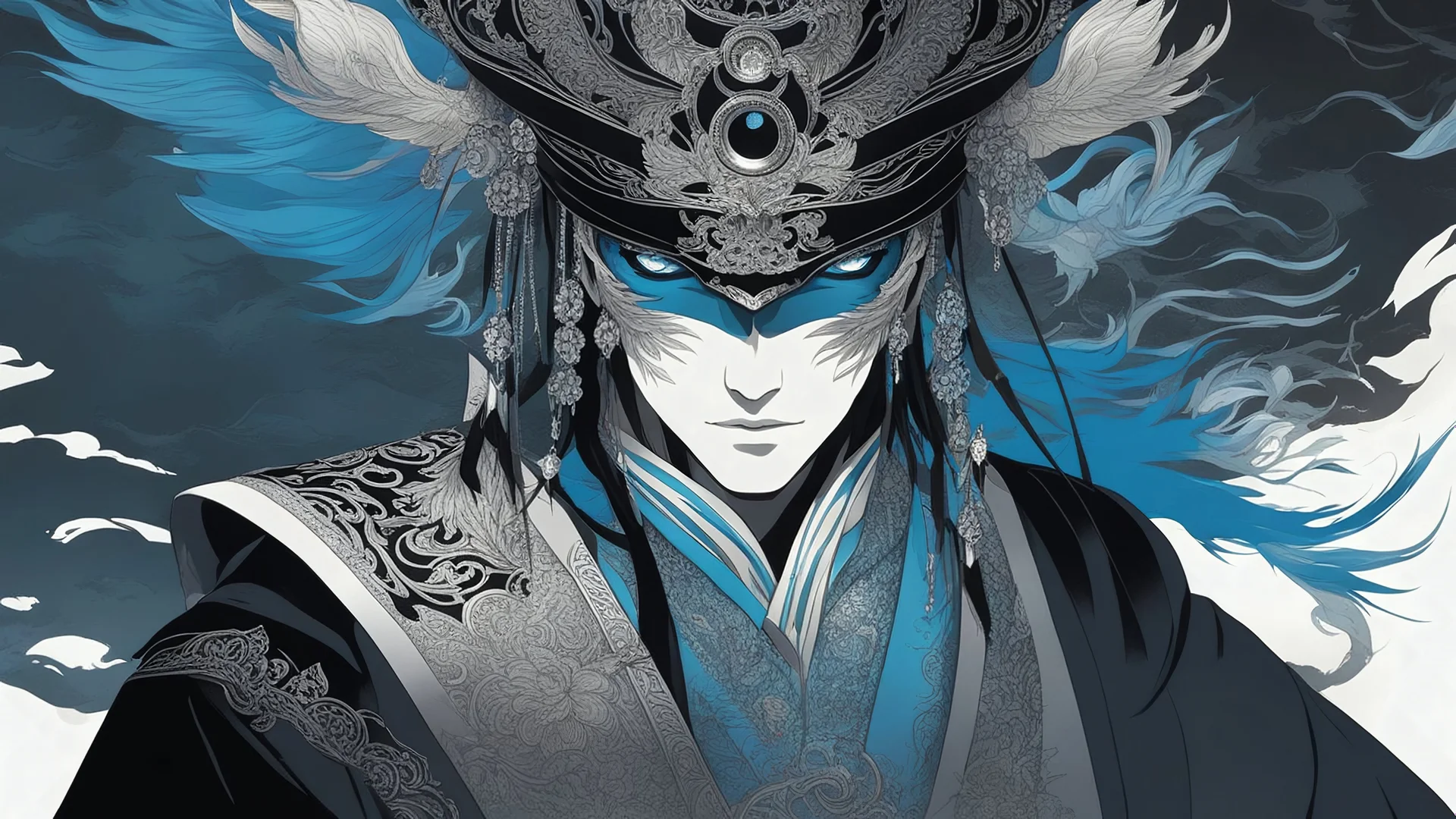 A man wears a black glass mask and Chinese clothes , black and blue color, solo leveling shadow drawing style, intricate details, highly detailed, high details, detailed portrait, masterpiece,ultra detailed, ultra quality