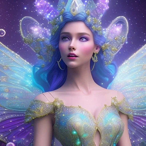 un grand château subtil en cristal violet bleu dans une ambiance galactique avec une belle fée, pétales transparents, couleurs délicates, bin le premier plan, plein de détails, ambiance lumineuse douce et douce, effet de lumière, vaporwave coloré, art conceptuel, lisse, extrêmement net, photo complète du corps, chef-d'œuvre, meilleure qualité, peau bleue, yeux étincelants, peau fluorescente, yeux bleus, maquillage étincelant, longs cheveux blonds, style féerique, corps très détai