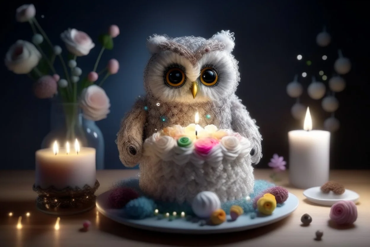 cute chibi plushy fluffy knitted and embroidered natural colored owl with cake in a kitchen, feathers, iridescent flowers incorporated, light emitting, bioluminescent holographic room, silver foil, sparkling diamonds, holographic raw pearls, ethereal, cinematic postprocessing