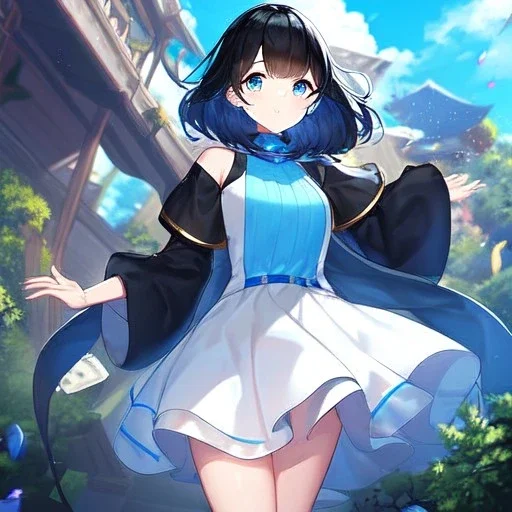 Clear focus,High resolution, Black short fluffy hair, and blue eyes, wearing a light blue sleeveless turtle neck, black cut sleeves, wearing long black boots, wearing a white skirt