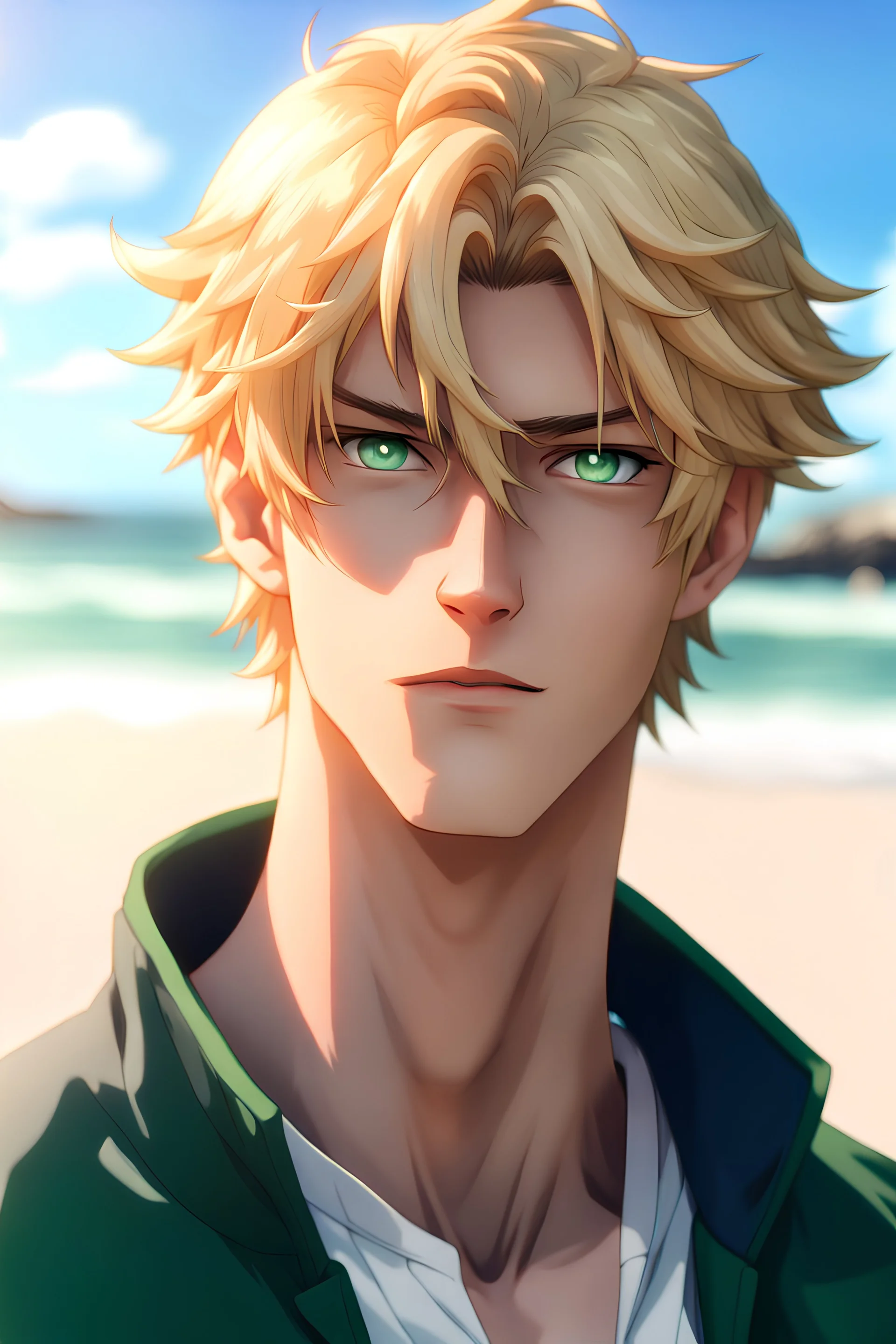 [Waterscape] The handsome and perfect portrait is on Spruce Street, an anime, blonde-haired and green-eyed male character on the beach for the magazine, 8K resolution, high quality, ultra graphics, and detailed with lines.