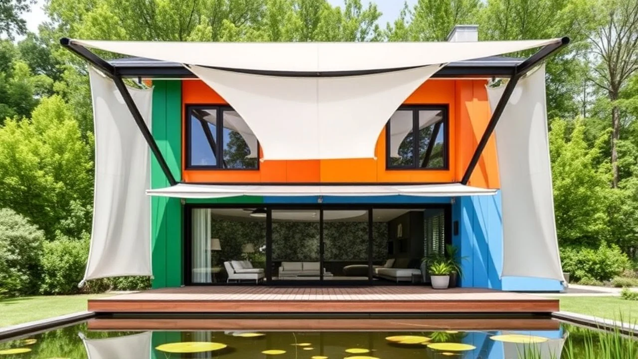 A vibrant single-family home stands out against a lush green backdrop. Its exterior is a playful patchwork of: Emerald green panels, Tangerine orange sections, Sky blue accents. Black steel beams form a striking geometric structure, framing large windows and creating an artistic, modern silhouette. Airy white fabric awnings gently billow in the breeze, softening the angular architecture. These airy elements provide shade over: A wide wooden deck. In the foreground, a natural-looking pond reflect