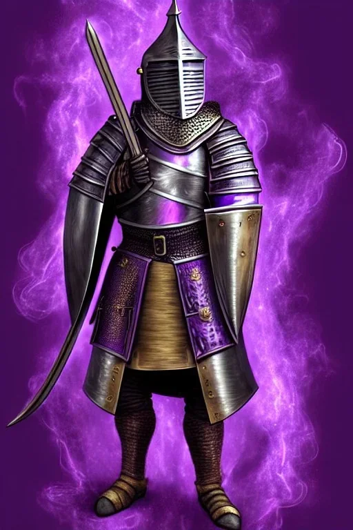 medieval Knight, violet color, high detail, sorcery, sparks, mechanical, plasma, treasure, weapons, slithery, legendary, castle, dragon, confident, proud