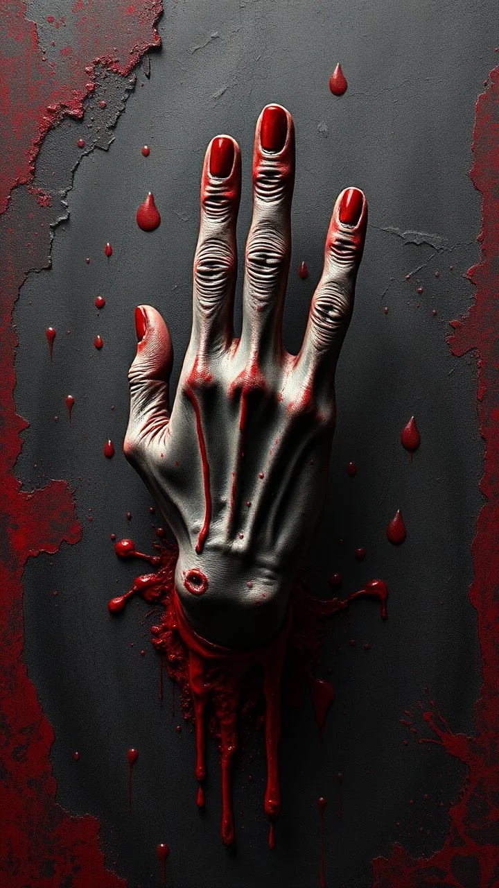Bosch style painting , A 3D evil hand out of red and black bloody wall