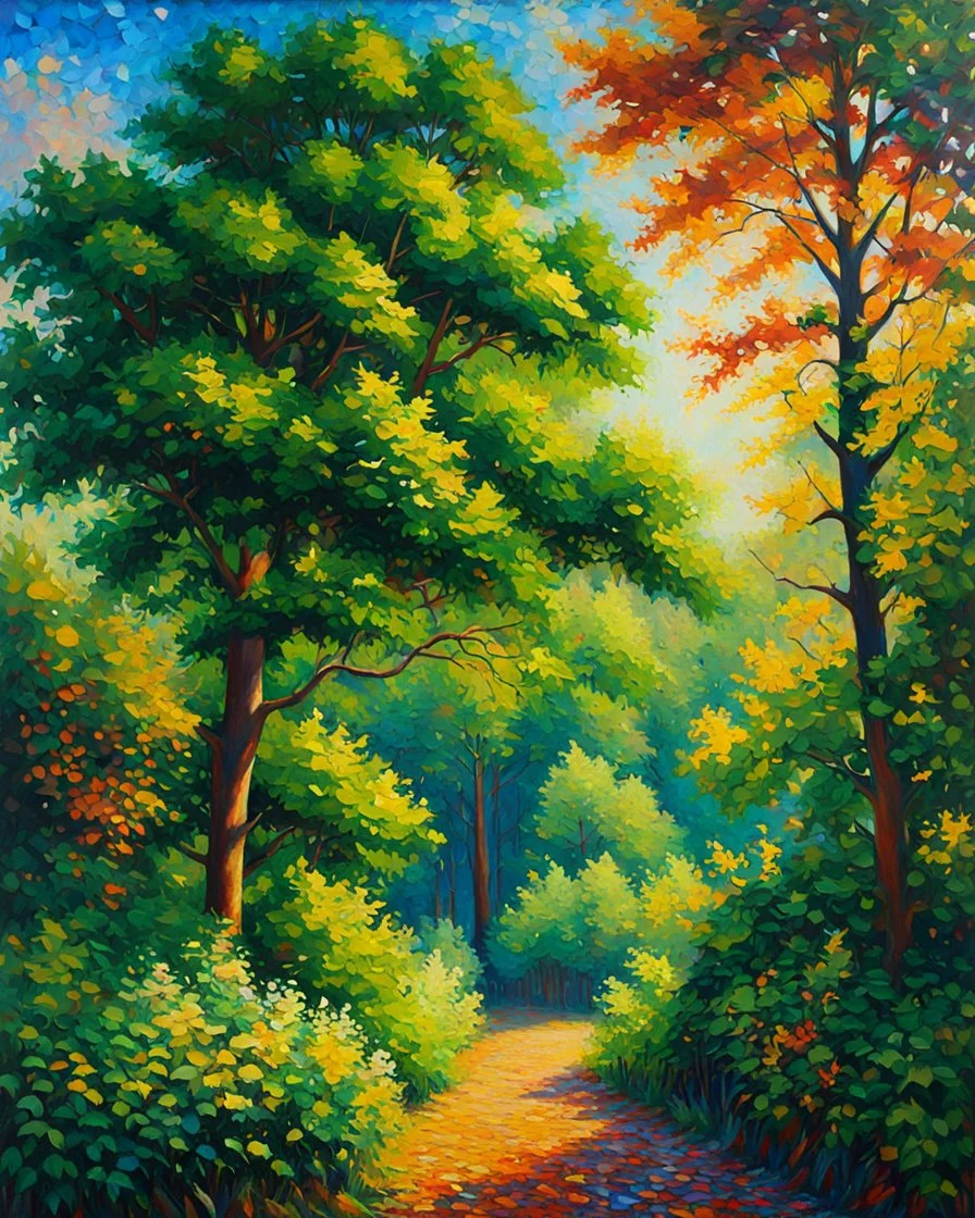 árboles verdes grandes y frondosos, calidad ultra, hiperdetallado, 12K, pintura al óleo impresionista maximalista, explosión de colores, increíble obra de arte