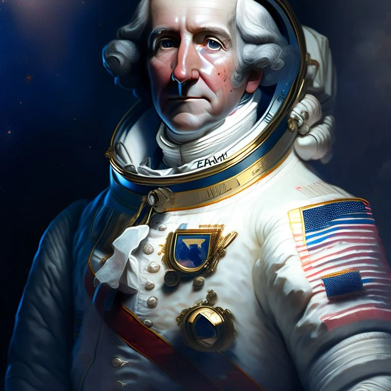 Portrait of George Washington in a space suit in the style of Jim Lee and Paul Hedley, Gabriel Testino, 8k, cinematic, ultra hd, sharp focus