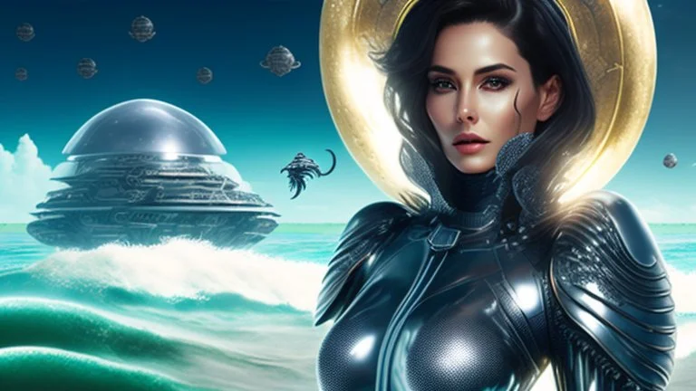 woman with dark hair in a silver robotic catsuit, standing on a futuristic alien beach with a crashed spaceship in the water, with mushrooms with octopus tentacles flying in the air