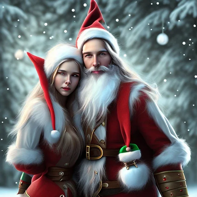 two elves. woman and man. Christmas scene. photorealistic. low-key