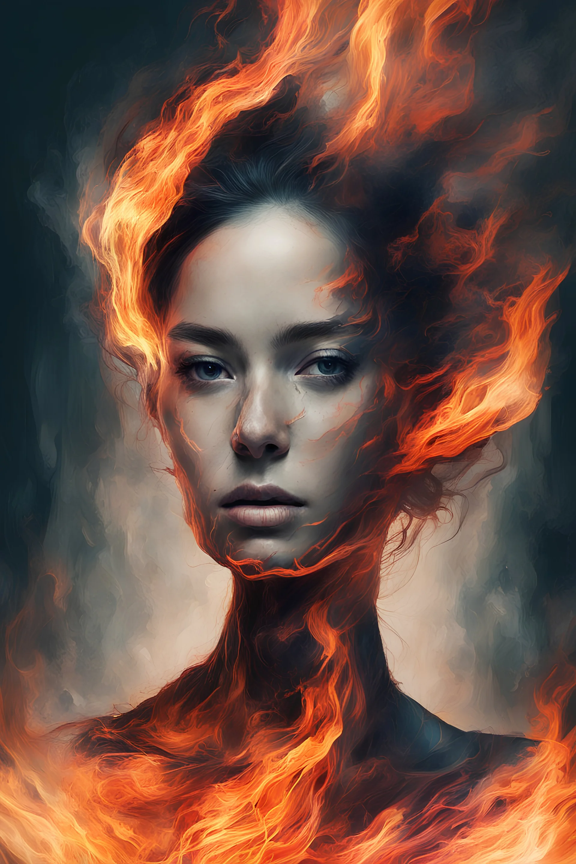 An abstract and captivating digital artwork featuring a portrait of a woman with burning edges