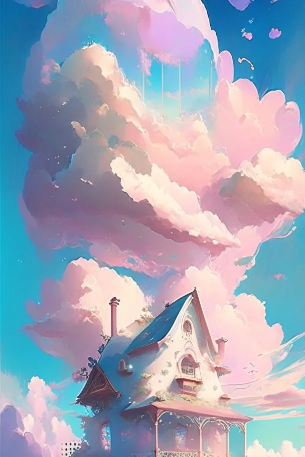 A whimsical dwelling delicately constructed entirely of ethereal clouds evocative of a dreamy landscape floating somewhere between heaven and earth, Dreamy, Pastel colors, Vibrant lighting, Highly detailed, Digital painting, Artstation, Concept art, Magical, Sparkling, Enchanting, art by victoria skitt, pascal campion, Loish, Trending on deviantart.