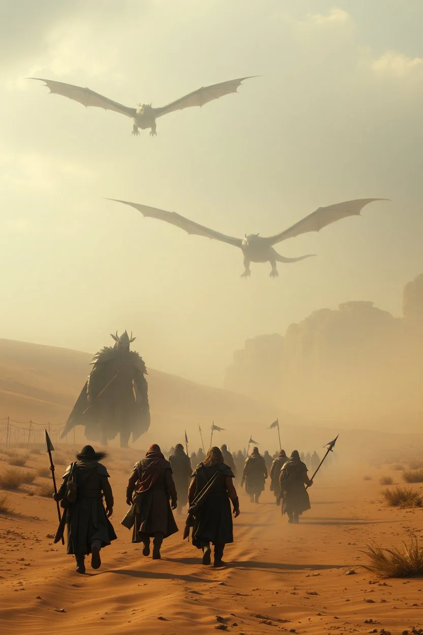 Ancient warriors walking in the desert with giants lead them , a dragon in the sky hovering. Cinematic scene with figgy sky and a little dark background