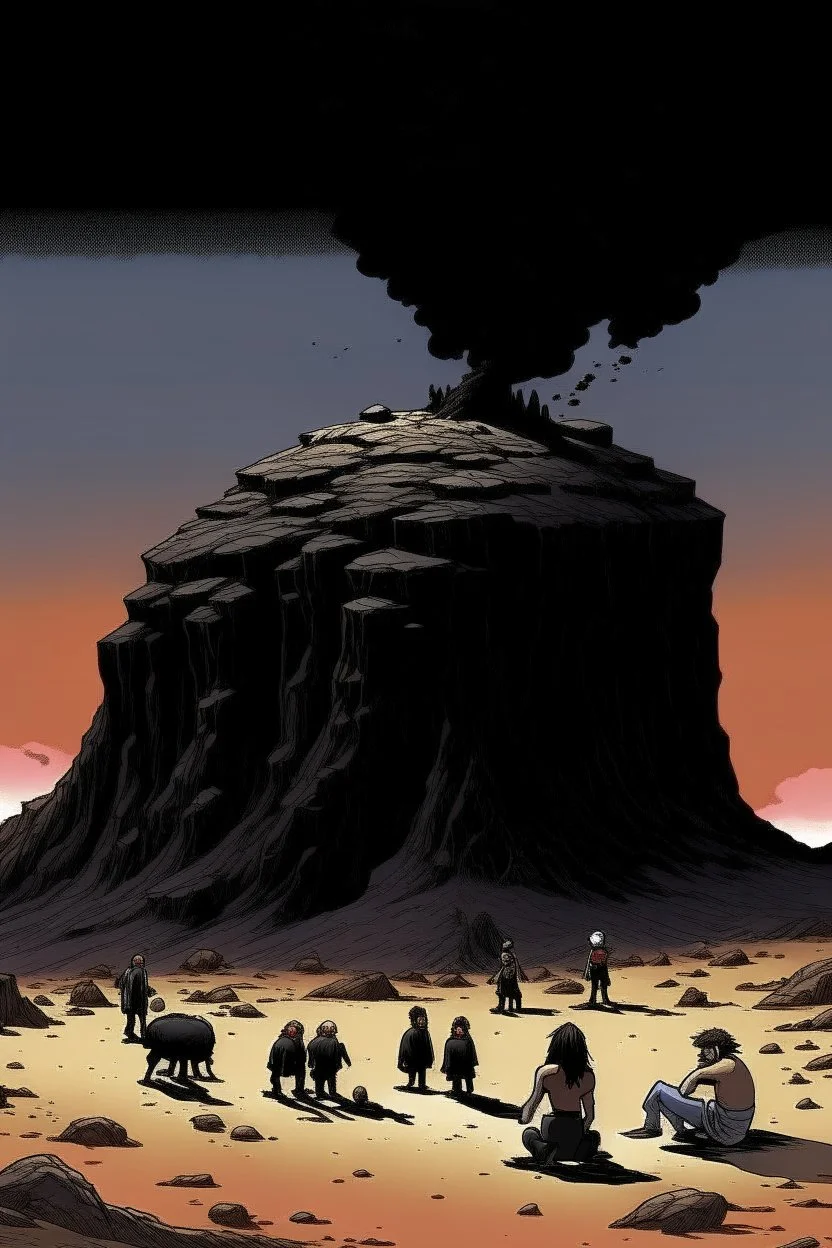 giant black rock with pepe on the top smoking in the desert with small people around n the style of Hiroshi Nagai