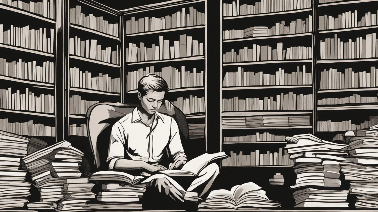 The image captures a moment of deep immersion in the world of books and personal development. It offers a unique glimpse as the person sits surrounded by books, engrossed in reading content that contributes to self-improvement and acquiring new knowledge. The proper lighting and intricate details enhance a positive and motivating atmosphere for learning and growth. The image portrays a scene where the individual is actively engaging in self-development through reading, highlighting the impact of