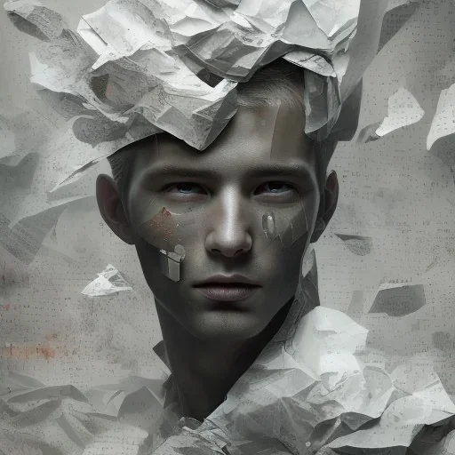 rendered in blender trash bag on his head and crumpled paper as a texture, collage paper and tape, slit - scan photography, high resolution, cinematic, unreal 6, breathtaking detailed