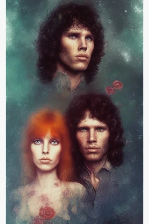 Jim Morrison and Pamela Courson ,music, NSFW, watermark, bohemian style , blurry,beautiful faces,elegant,roses, fantasy by anna dittman