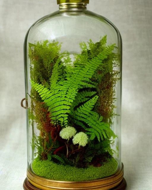 lush fern rainforest in a bell jar, symmetrical, warm colors, warm lighting, linen backdrop