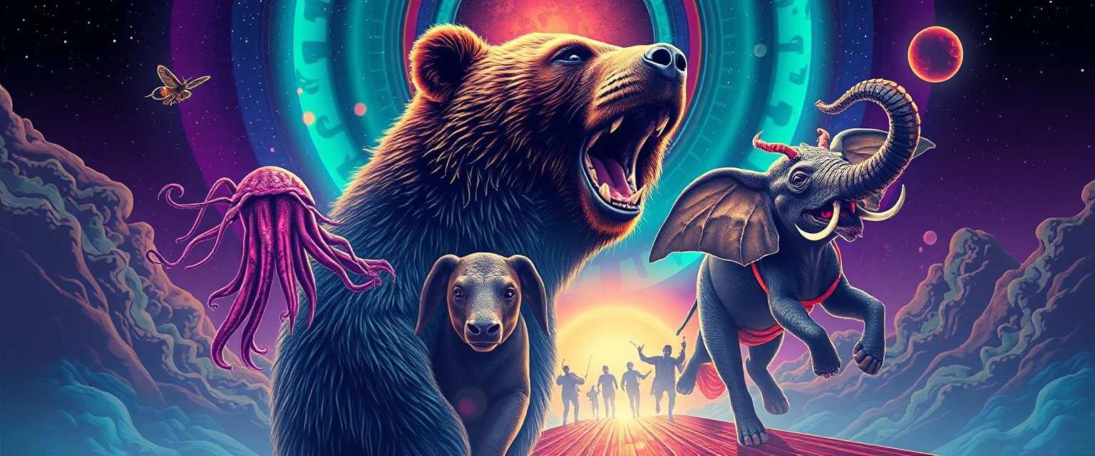 promenade portrait of a bear ant eater squid elephant horse dragon floating in 4 dimensions, goa trance movie poster, stylized art