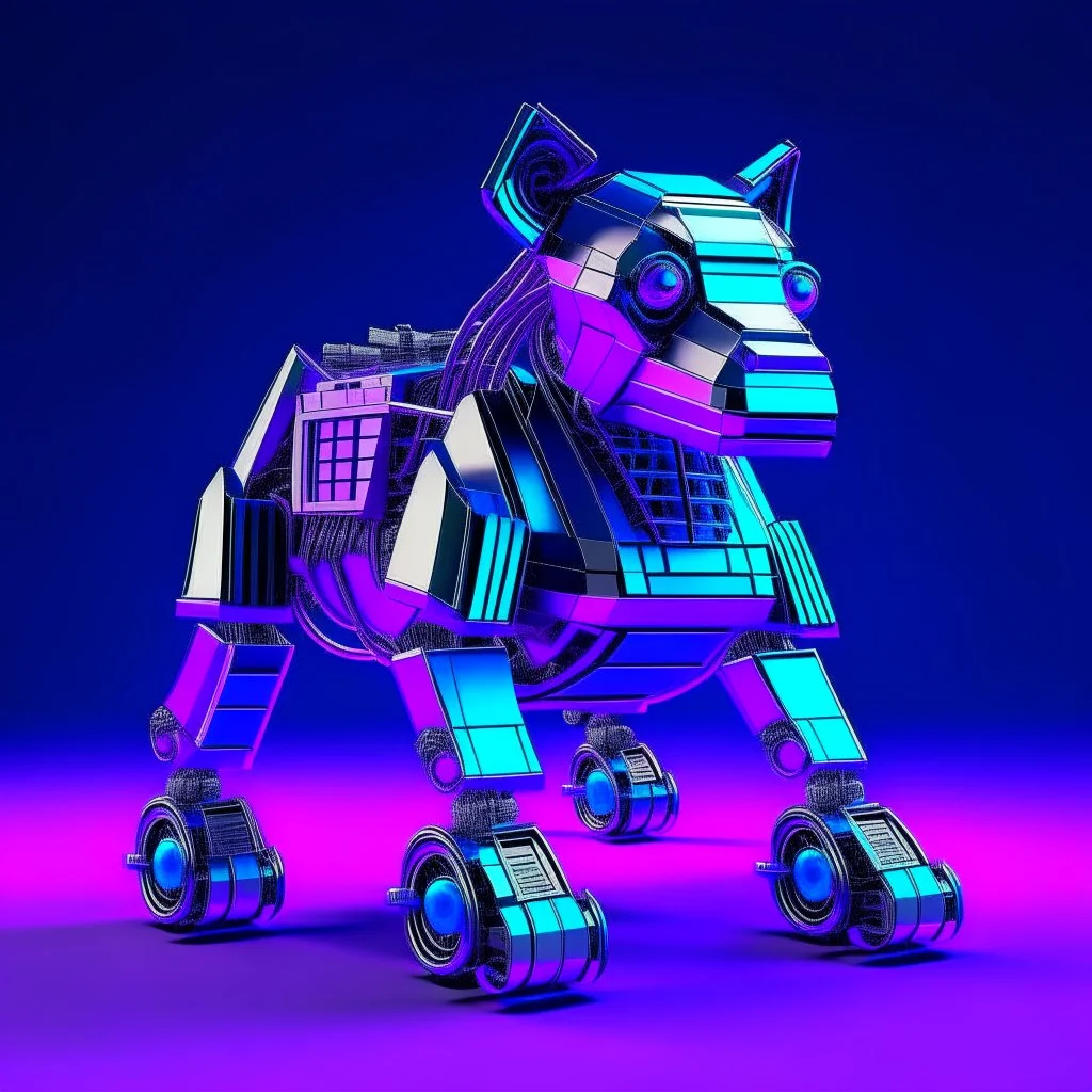 Doctor Who K-9 Robot Dog on wheels, Vaporwave design, metalic, blocky dog, Virtual, 2D.