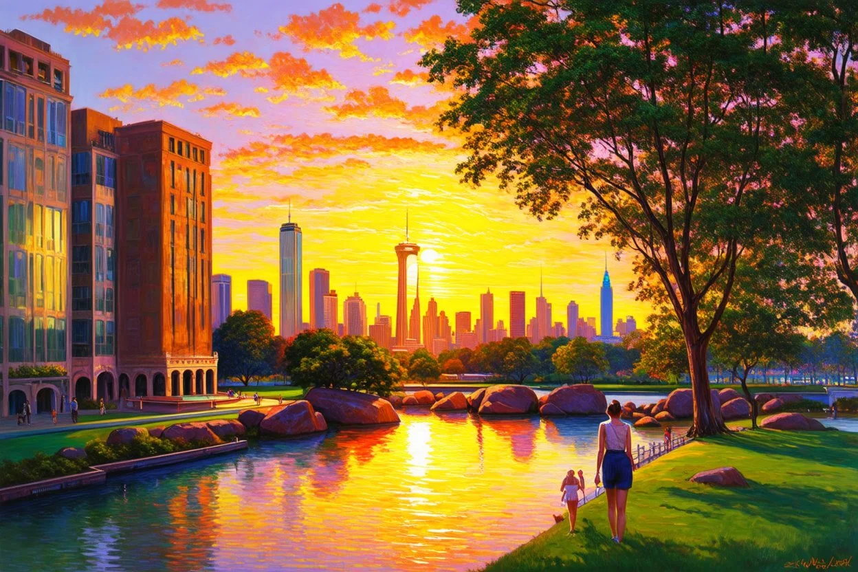 sunset, buildings, lake, rocks, city, park, trees, cyberpunk, sci-fi, paul gauguin, and claude monet impressionism paintings