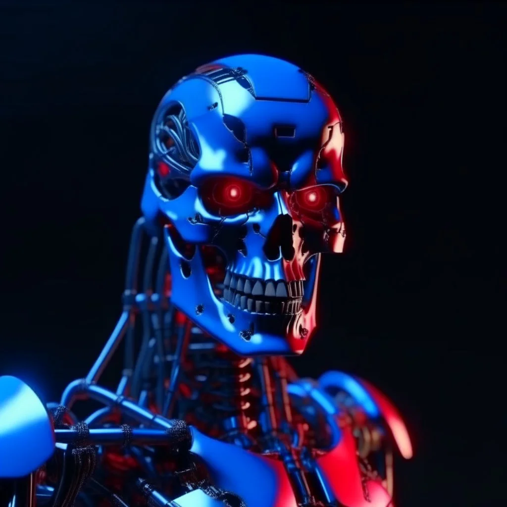 4K. REALISTIC FULL DETAILS. FULL RED BLUE AND WHITE LIGHTS. Crée le portrait d un robot terminator détruit sur un champ de bataille après une guerre nucleaire