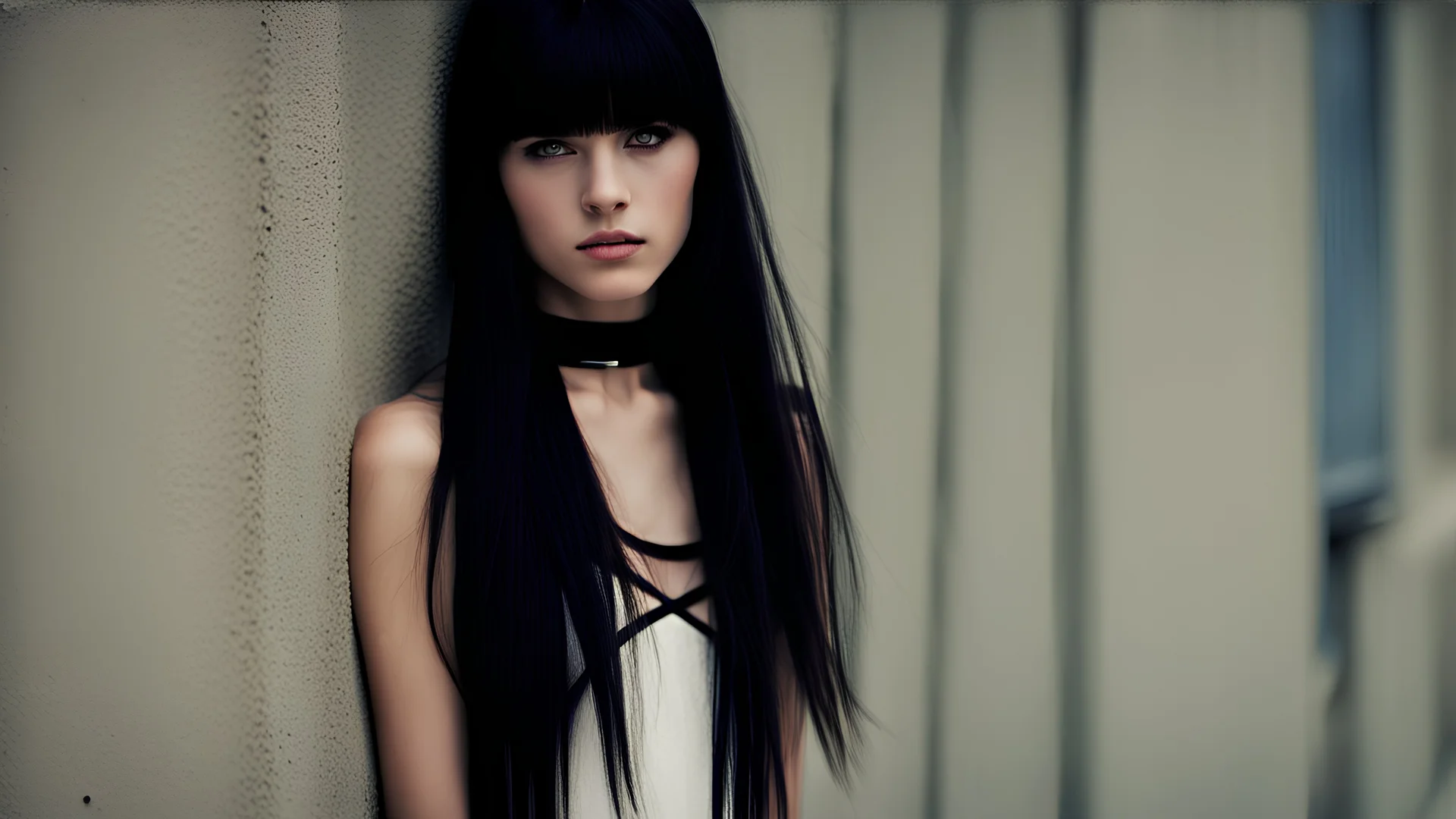 High resolution closeup in sharp focus of a beautiful and slender caucasian 18 year old teen girl with long black hair. She is wearing a black choker with her arms raided above her head. She is standing next to a wall gazing at the viewer.