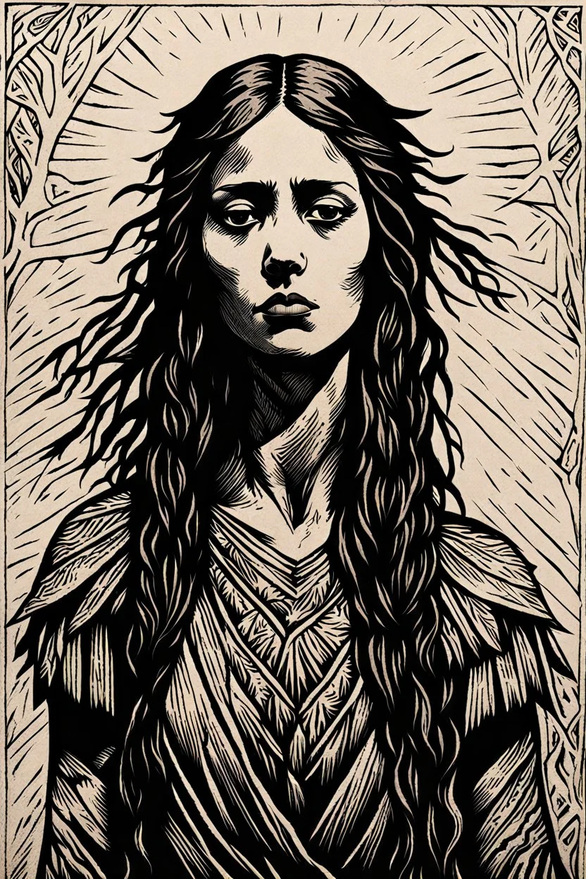 create a deeply powerful tragic, heart wrenching, and evocative, full body woodcut of a raw and weathered raven maiden girl with highly detailed and deeply cut facial features, in the style of KATHE KOLLWITZ , searing lines and forceful strokes