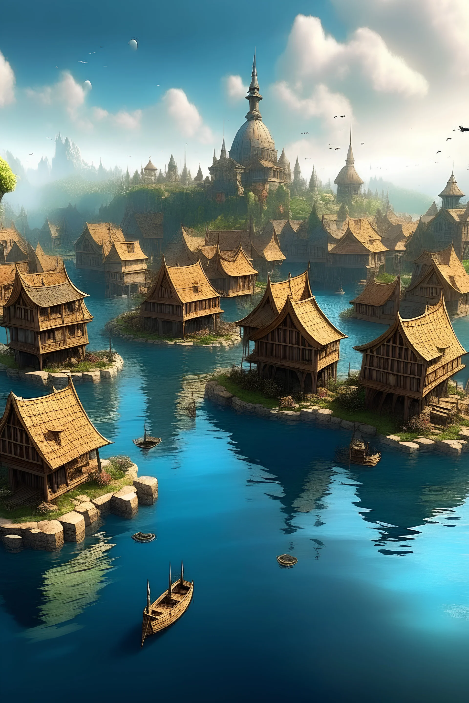 Huge fantasy village floating on water