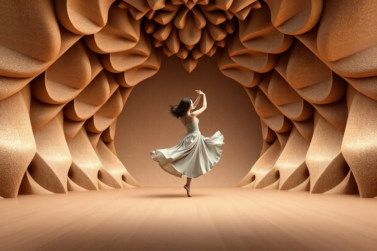 A 3D recursive Mandelbulb fractal modern stage with a pretty lady dancing, her pose changing with each repetition. Natural earth tones, browns, beiges, and muted colors, creating a calm and serene atmosphere