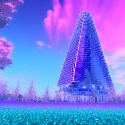 Blue futuristic cristal tower in a flowery countryside, glitter pink in a galactic ambiance, delicate colors in the foreground, full of details, smooth, light effect，vaporwave colorful, smooth, extremely sharp detail, finely tuned detail, ultra high definition, 8 k, unreal engine 5, ultra sharp focus