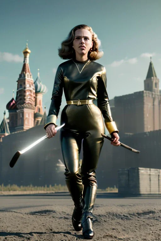 retro portrait image from 1960, Moscow background, wind, long hair, fighting stance, sweet young Scarlett Johansson, classic black tight lycra suit, metal stick weapon, gold bracelet and belt, high heel boots, soft color, highly detailed, unreal engine 5, ray tracing, RTX, lumen lighting, ultra detail, volumetric lighting, 3d, finely drawn, high definition, high resolution.