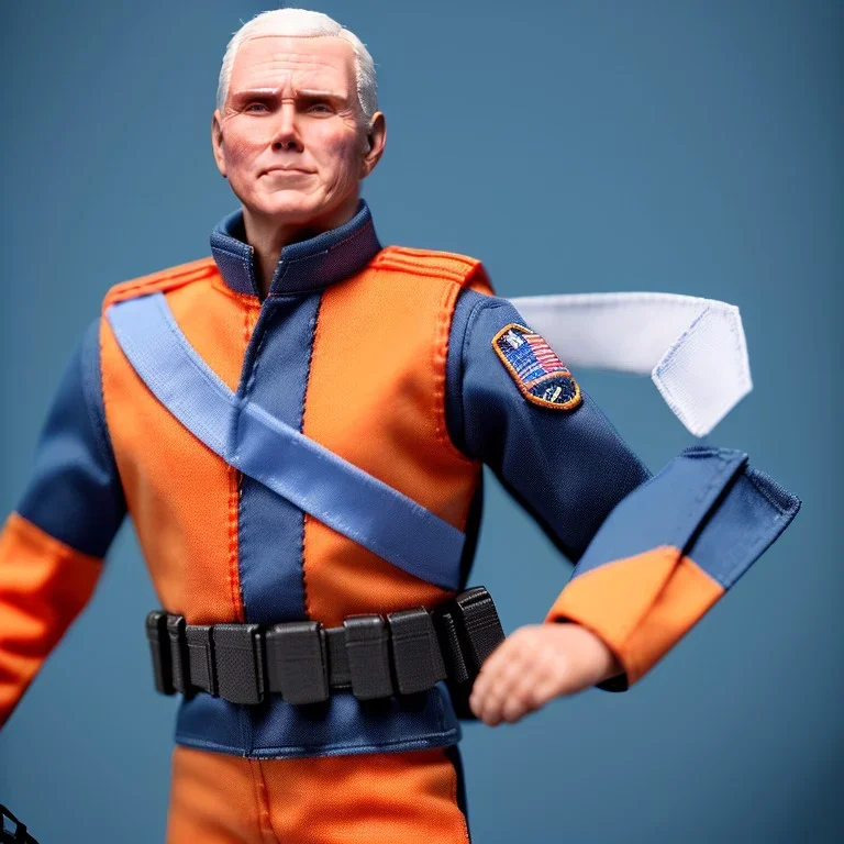 a large pile of face Mike Pence G.I. Joe toy Doll spaceforce uniform, orange blue fabric, wall packaging for sale, bright pricetag, finger, empty box