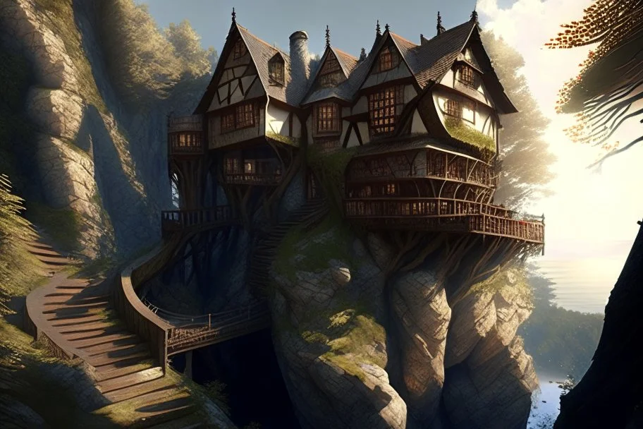 small wooden medieval gothic twisted house built into a cliff, trees, balconies, walkways, bridge, sunshine, lake