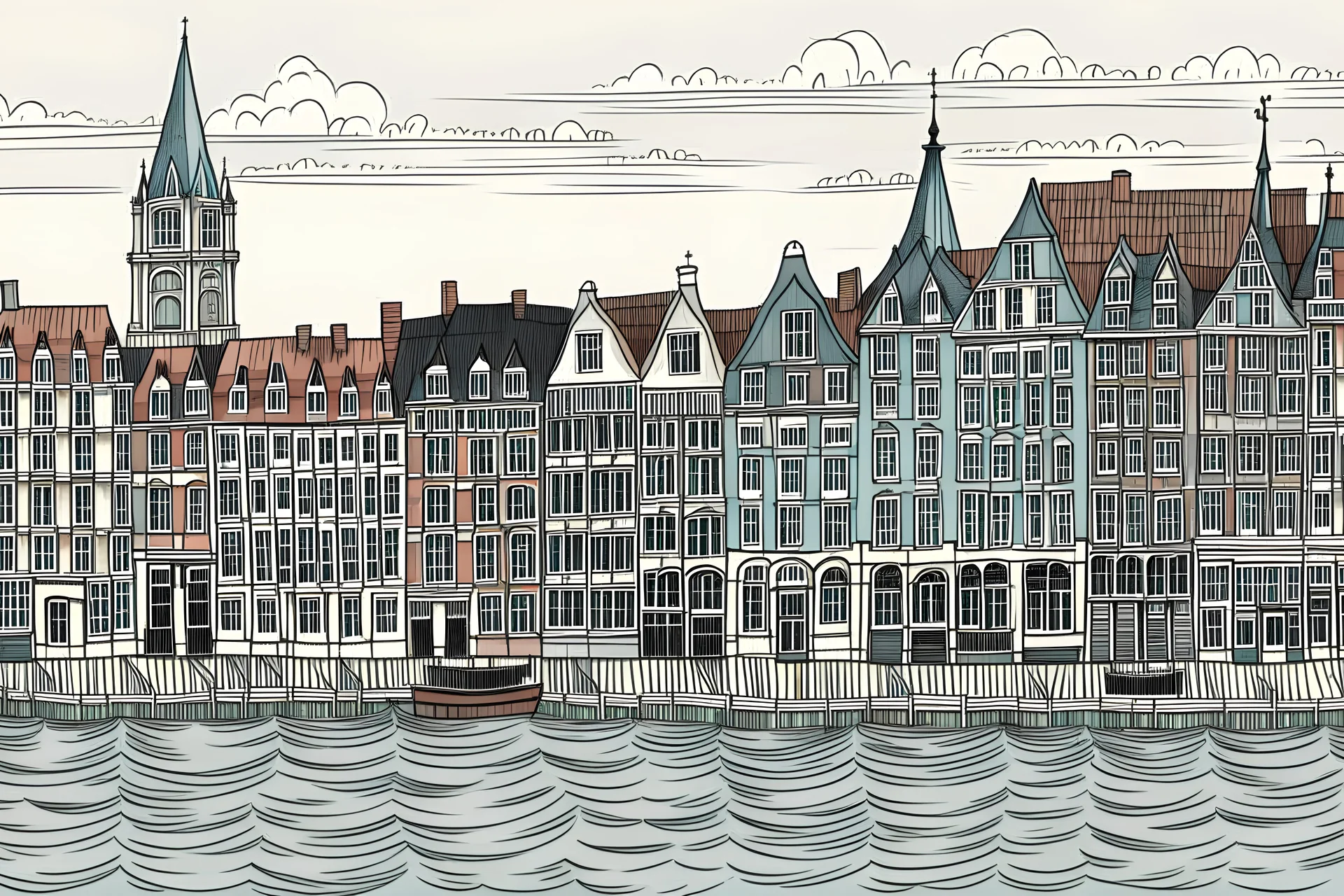 Imagine a modern poster inspered drawing of representative buildings of the danish cities copenhagen roskile and hillerød