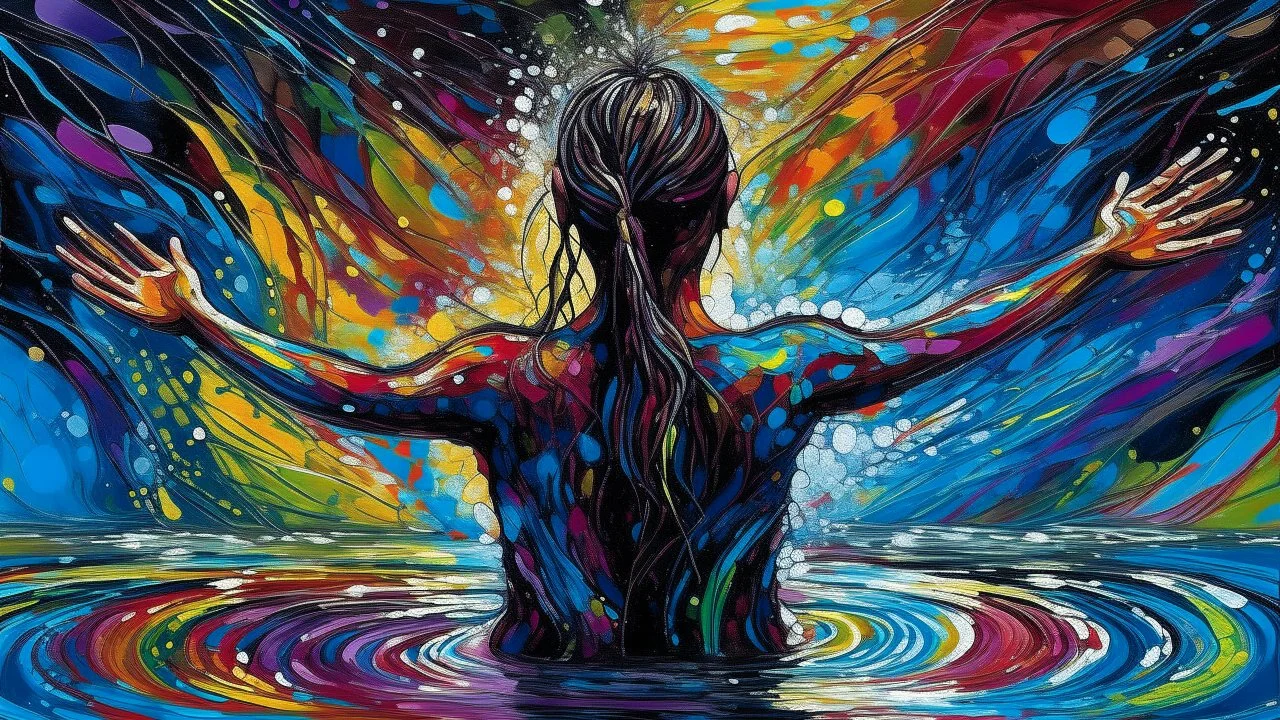 a woman standing in a pool of water. The woman is facing away from the viewer, with her body slightly turned to the side. She is standing with her arms stretched out to the sides, as if she is embracing the water. Her head is tilted slightly to the left, and her hair is pulled back in a bun. The background is filled with a colorful, abstract pattern of triangles in various shades of blue, green, yellow, and orange. The overall mood is surreal and dreamlike.