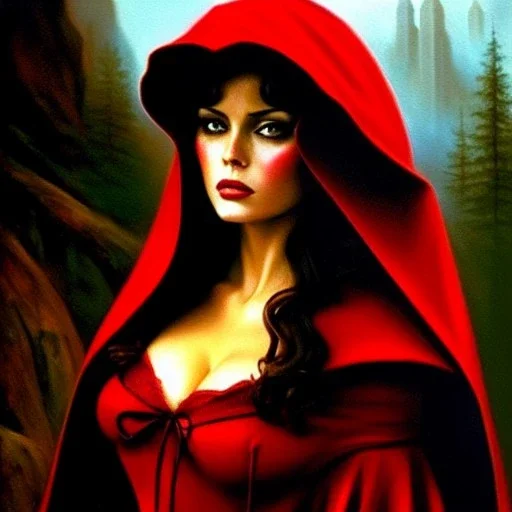 portrait of beautiful busty Red Riding Hood painting by Brom, oil on canvas, cinematic composition, extreme detail,cinematic composition,fit full head inside picture