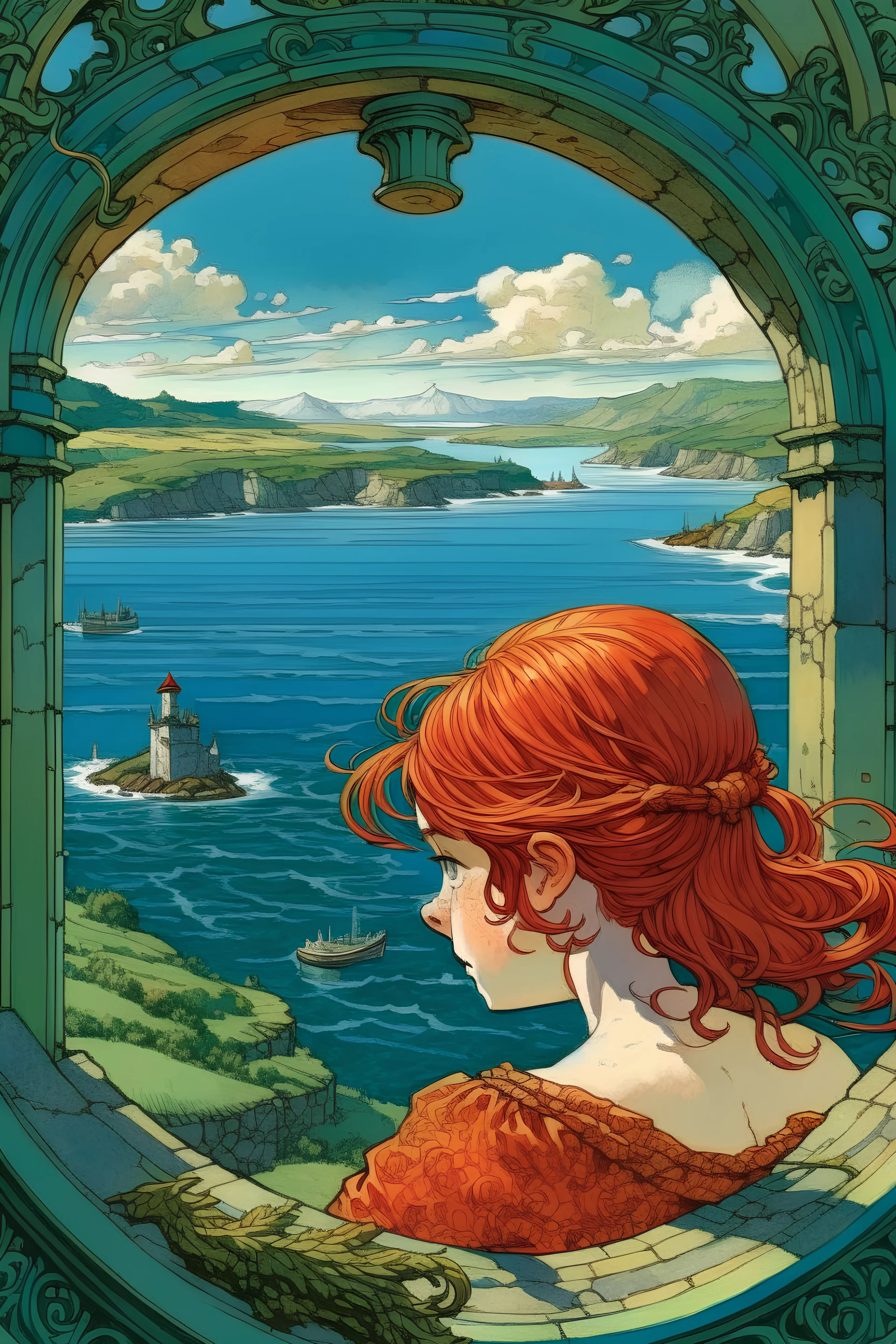 The head of a red-haired fairy looking out of a window overlooking a large bay. Far below in the bay you can see an island surrounded by water with a church on top of a hill.