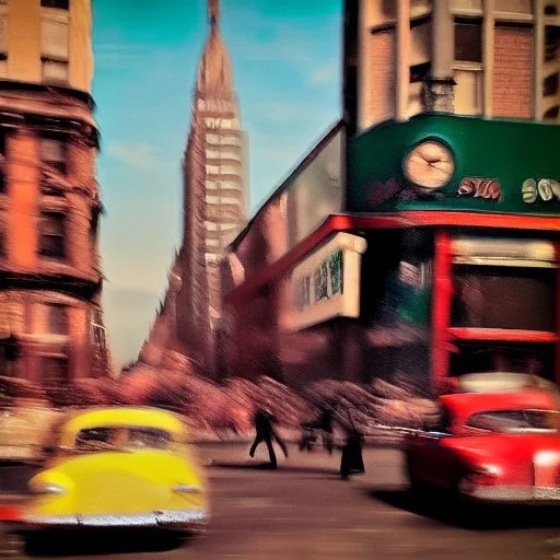 Picture 1950's street life, people, New York, very blurry, abstractism, colours, strong texture, 3d, chaotic