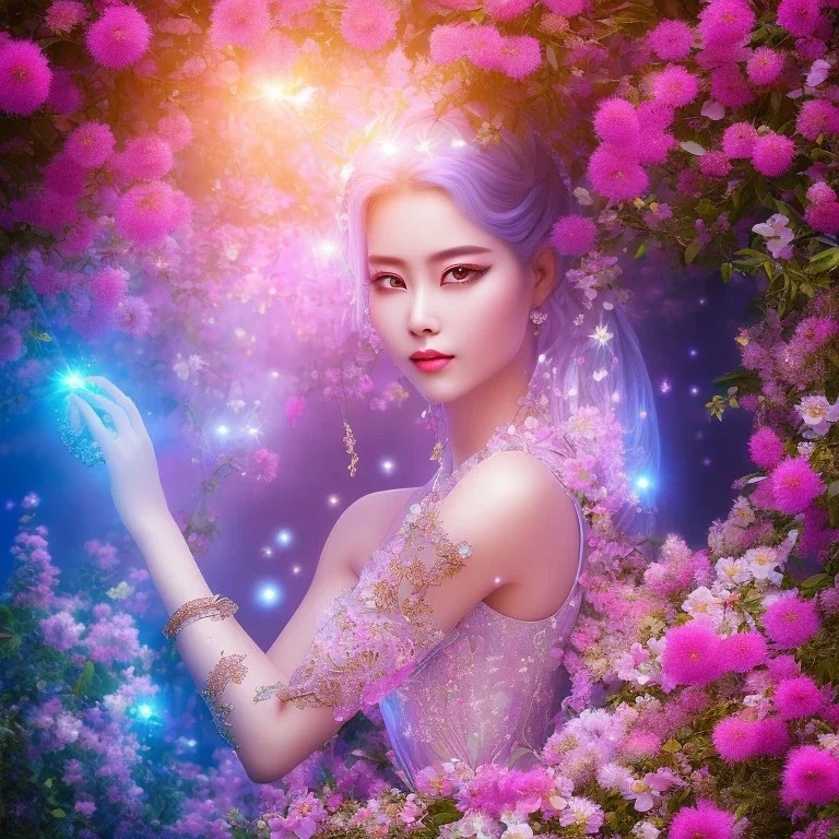 bright fairy, beautiful portrait of asiatique beautiful girl, flowery a magical crystal flower lys bougainvillier, blue gold house indian palace castle in the woods, magnolias pink,blue lake,sun,white swanns,pink vertical, blue lake,sharp, vines, candlelit, endor, ornate, elegant, highly detailed, artstation, concept art, smooth, sharp focus, illustration, 8k, splash art, wallpaper, key visual