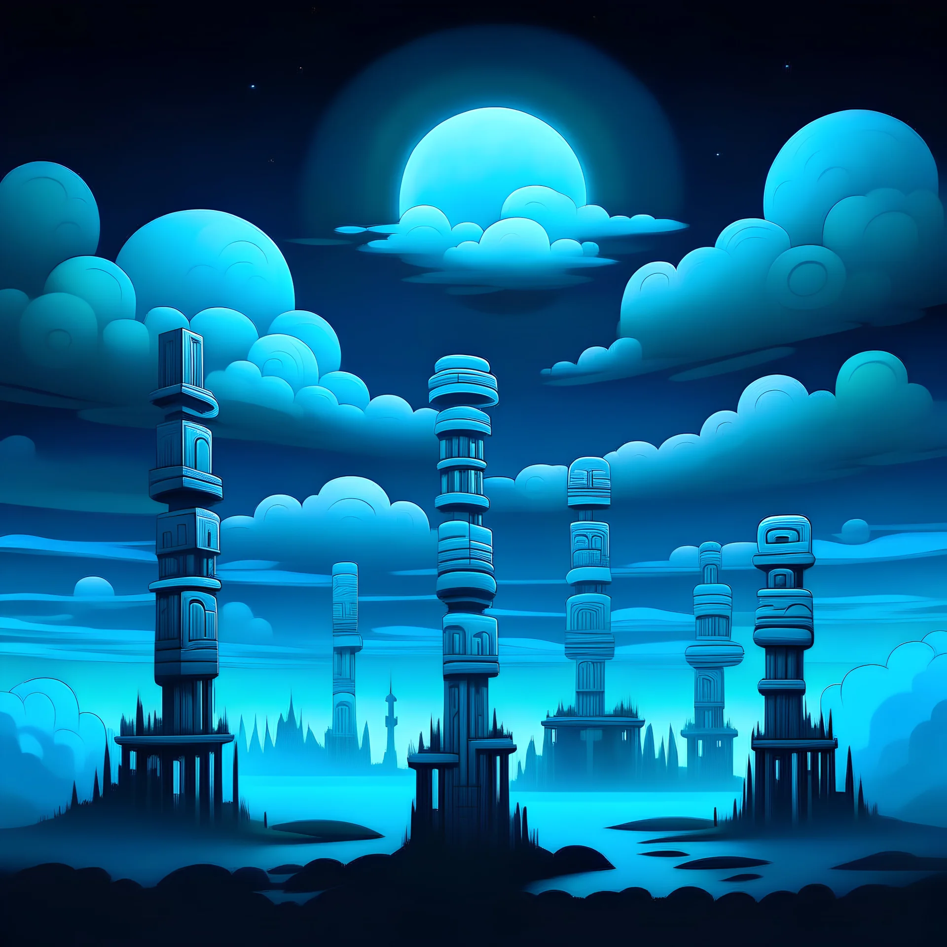 A cyan city in the sky at night made out of clouds with Pacific Northwest totem poles