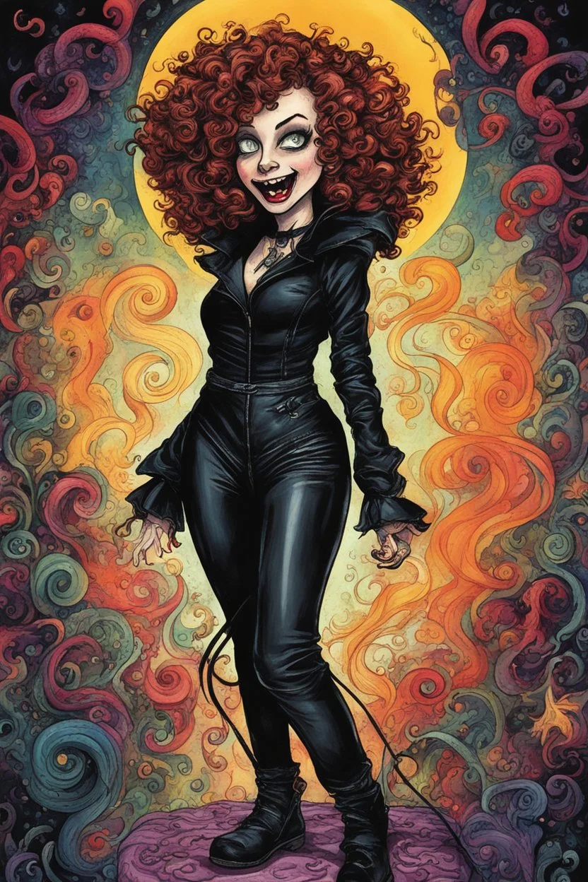 a cartoon illustration of a schizophrenic curly, short haired vampire girl in a black leather jumpsuit, in the cartoon style of Lynda Barry , Ernie Pook's Comeek, vibrant natural colors, , museum quality masterpiece