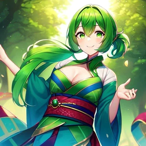 girl, masterpiece, best quality, volumetric lighting, detailed outfit, perfect eyes, green hair, green eyes, obi, low ponytail, smile,