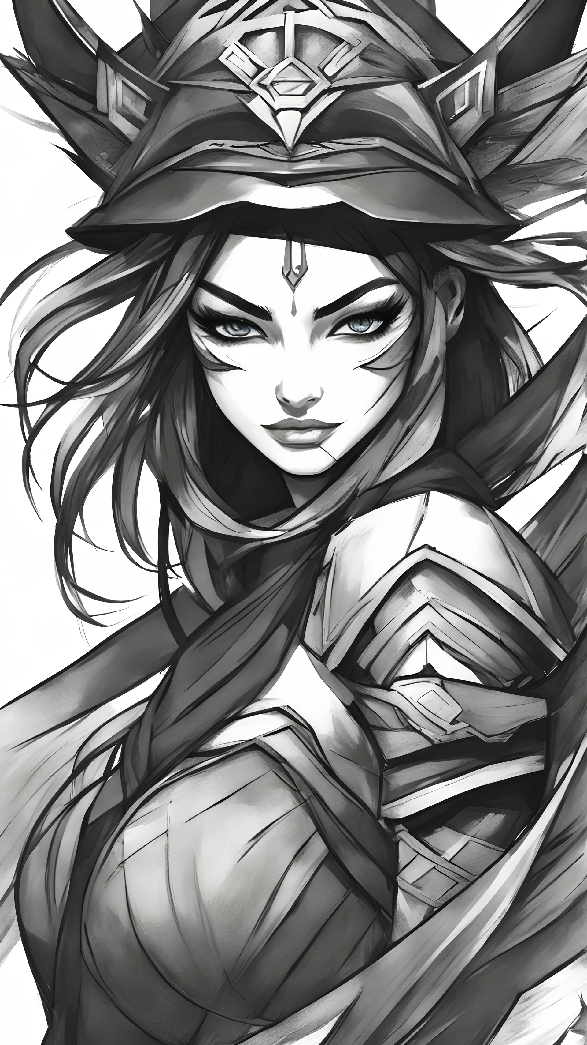 bits of color, furistic Sketch book, hand drawn, dark, gritty, realistic sketch, Rough sketch, mix of bold dark lines and loose lines, bold lines, on paper, akali, ninja girl, league of legends, eyes mask, leaves, animals, runes, dark theme,