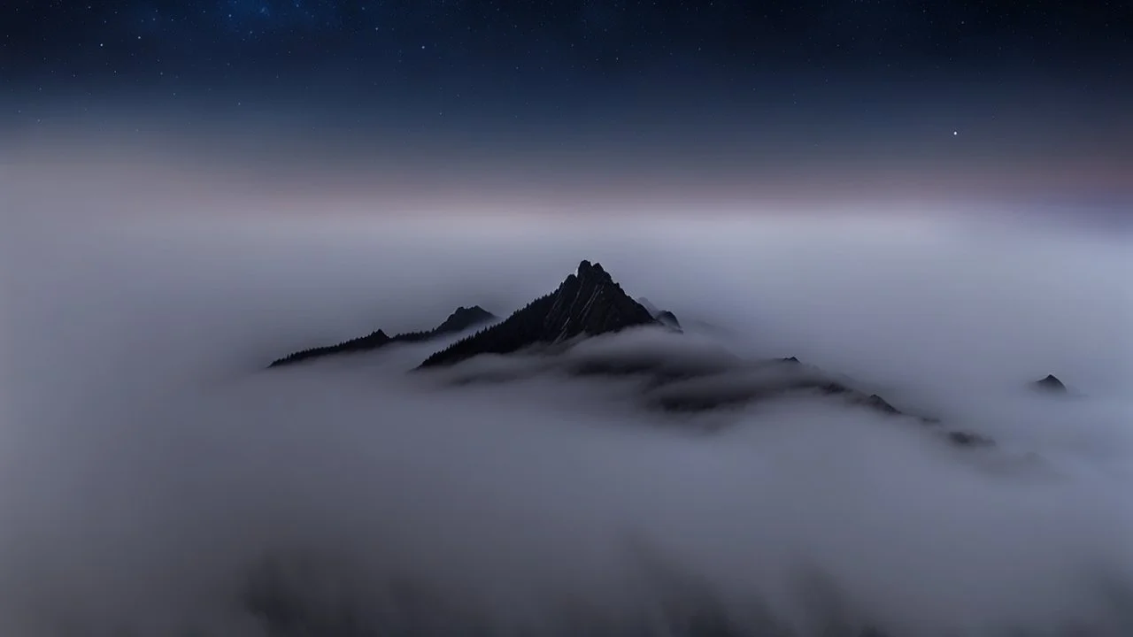 looking down from above at misty foreground and night sky background, no sun, single sharp narrow mountain peak coming through the mist in the center